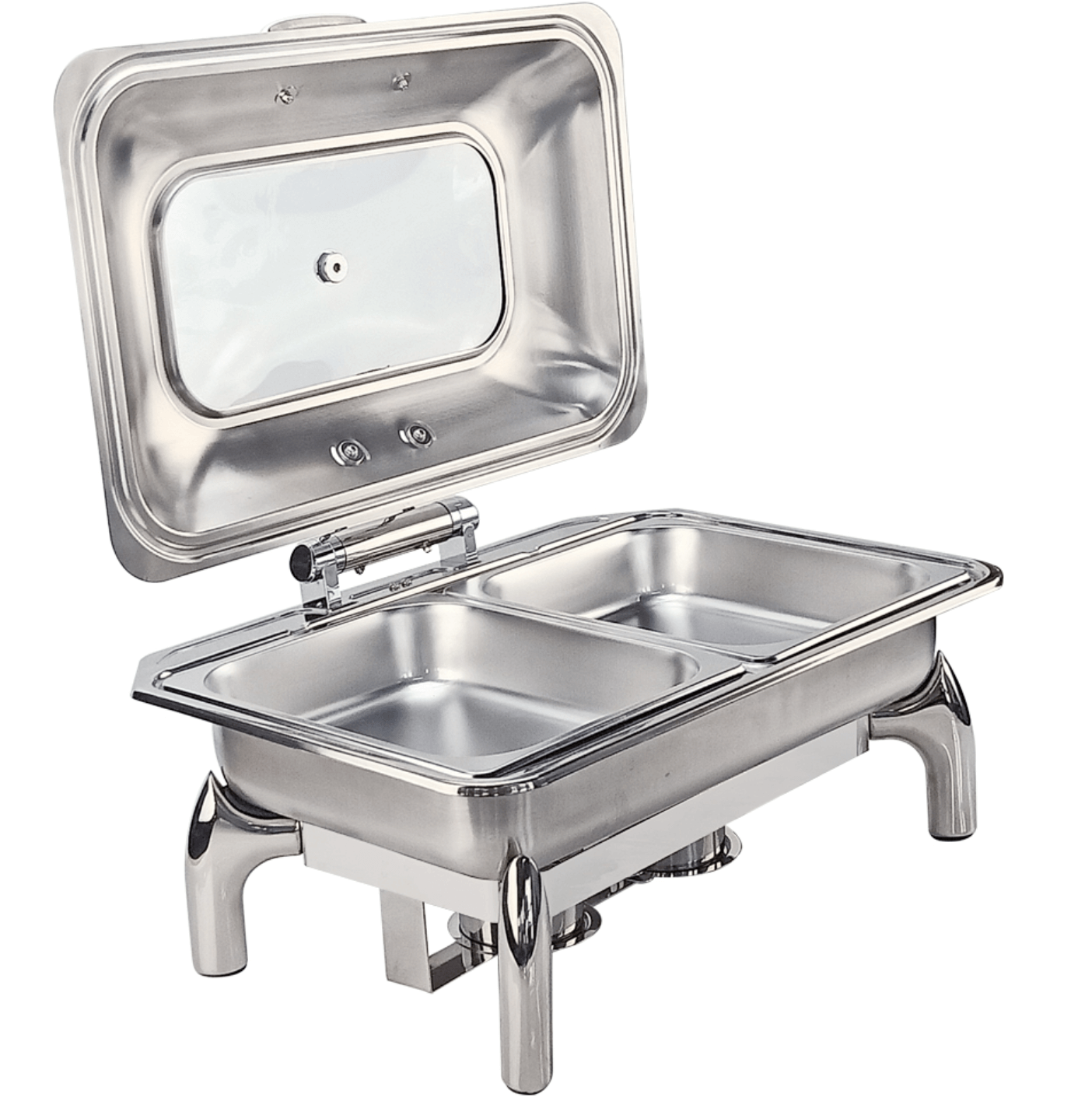 Stainless steel buffet server with hydraulic hinge