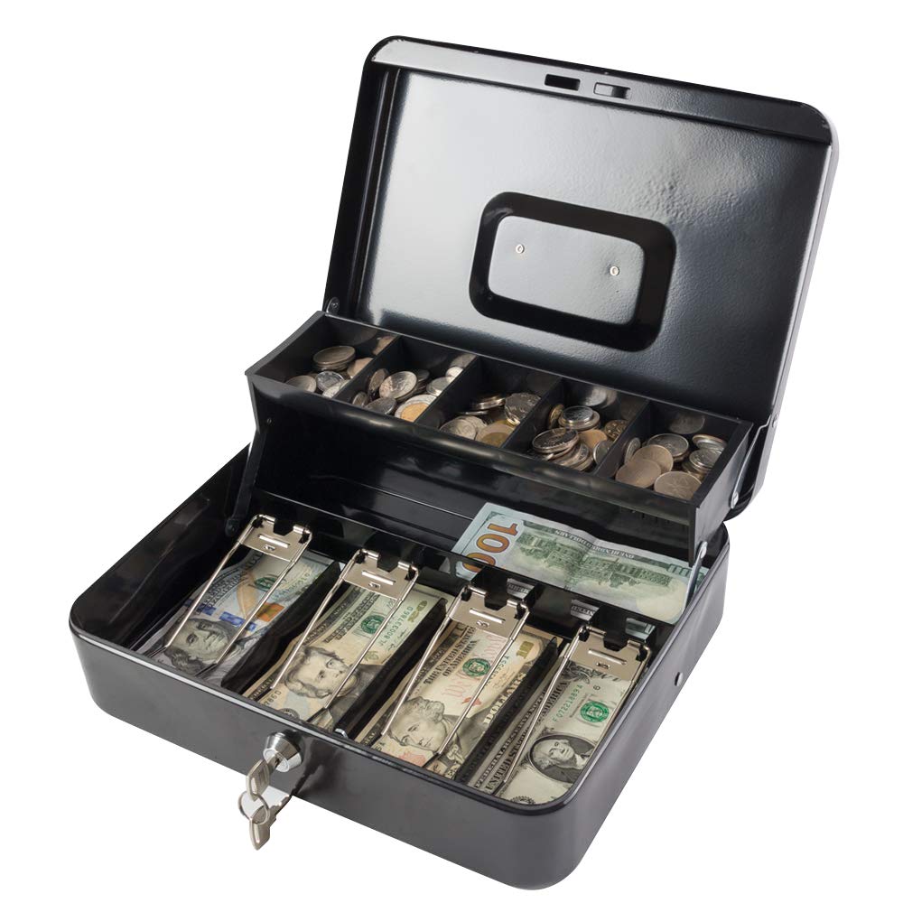 Caja de efectivo grande con bandeja para dinero y cerradura