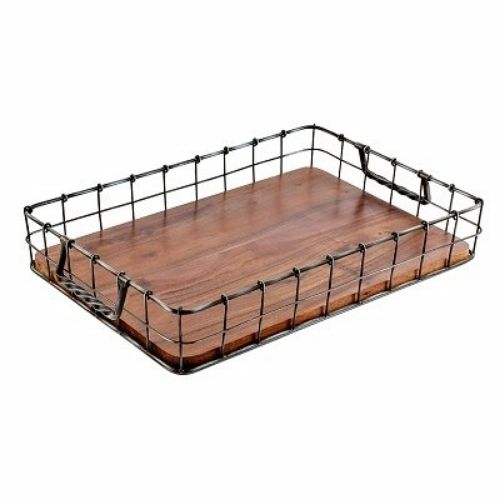 Galvanized Metal Wire and Acacia Wood Serving Tray with Handles