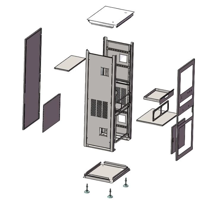 Model perakitan 3D kotak listrik KDM dengan rangka, pintu, panel, dan kaki yang dapat disesuaikan.