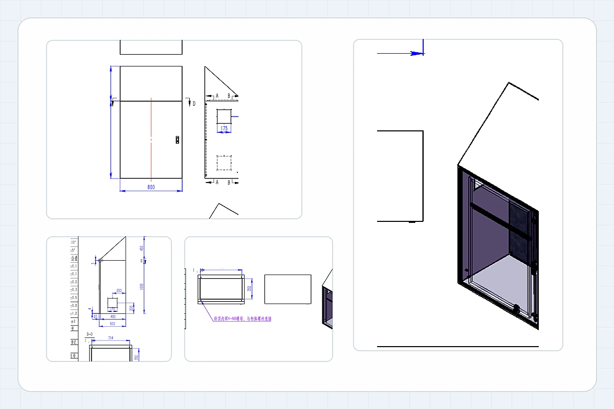 Dessins bidimensionnels et tridimensionnels utilisés pour examiner un boîtier électrique sur mesure