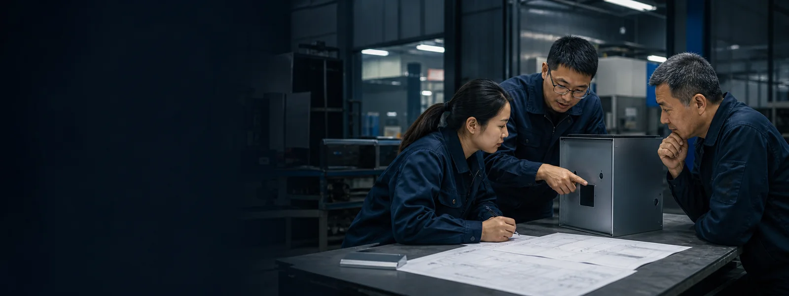 Des ingénieurs examinent un projet d'armoire électrique sur mesure autour d'une table de travail.