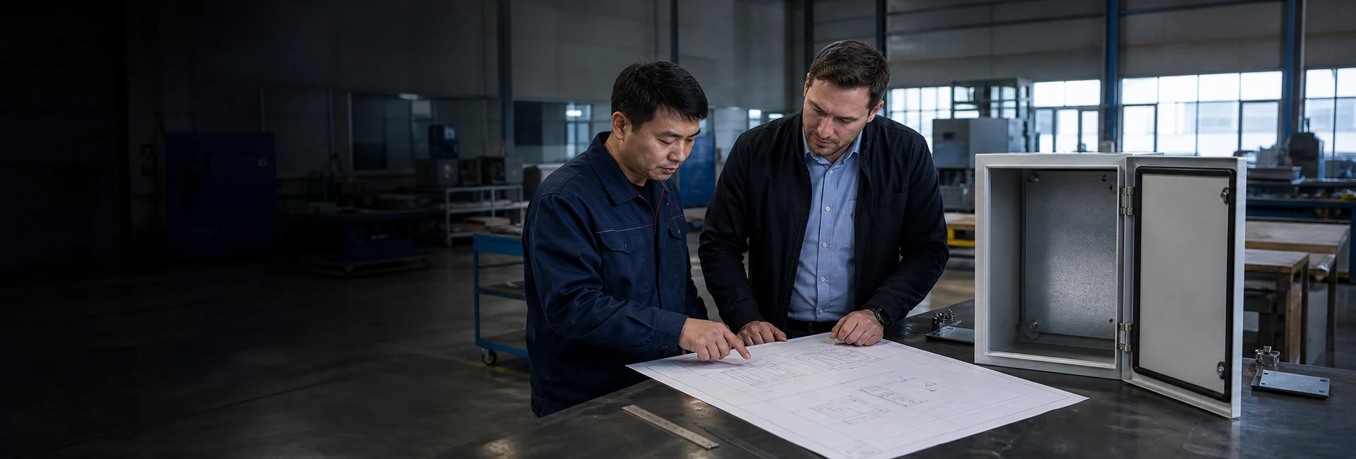 Engineers reviewing a custom electrical enclosure project