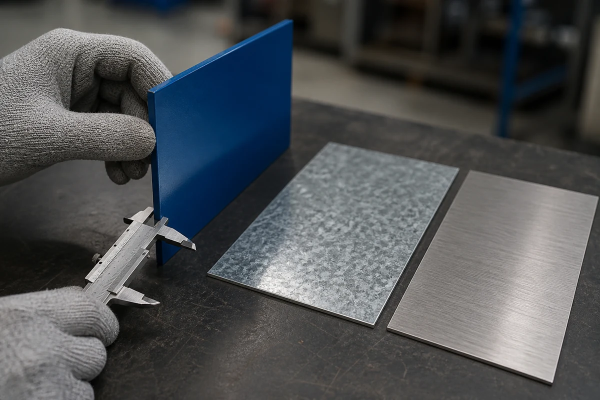 Sheet metal thickness checked with a caliper
