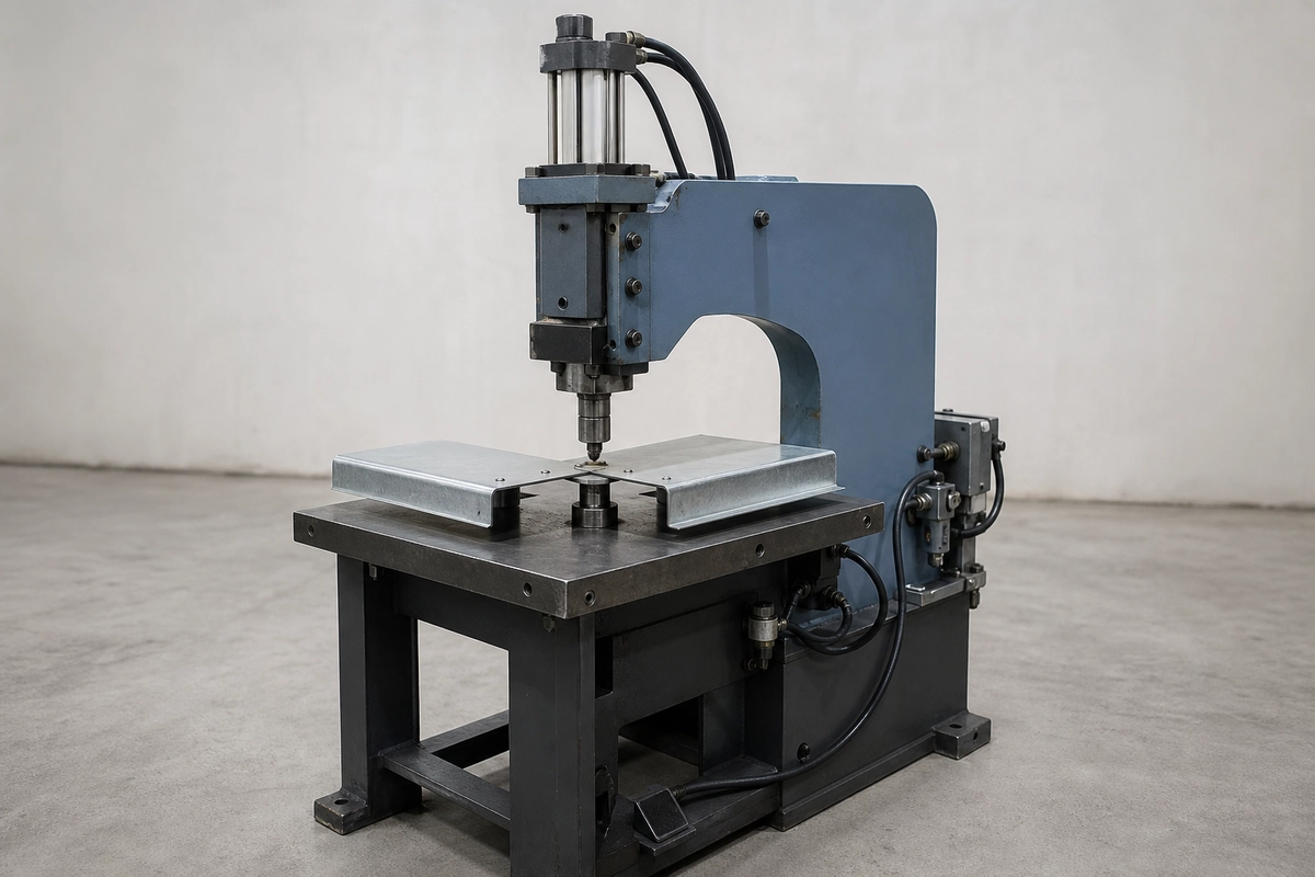 Illustrative industrial riveting machine for sheet metal assembly